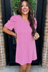 Corded Knit Crew Neck Puff Sleeve Shift Mini Dress